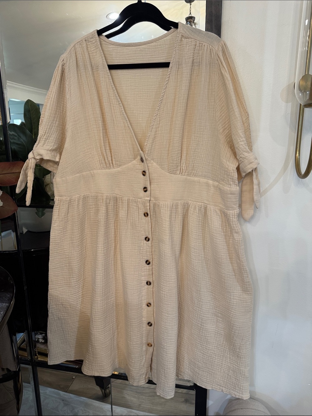 Women's Beige Button-Front Gauze Top with Tie Sleeves